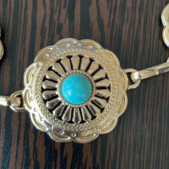 M/L Gold Tone/Faux Turquoise Metal Chain Belt - Picture 4 of 6